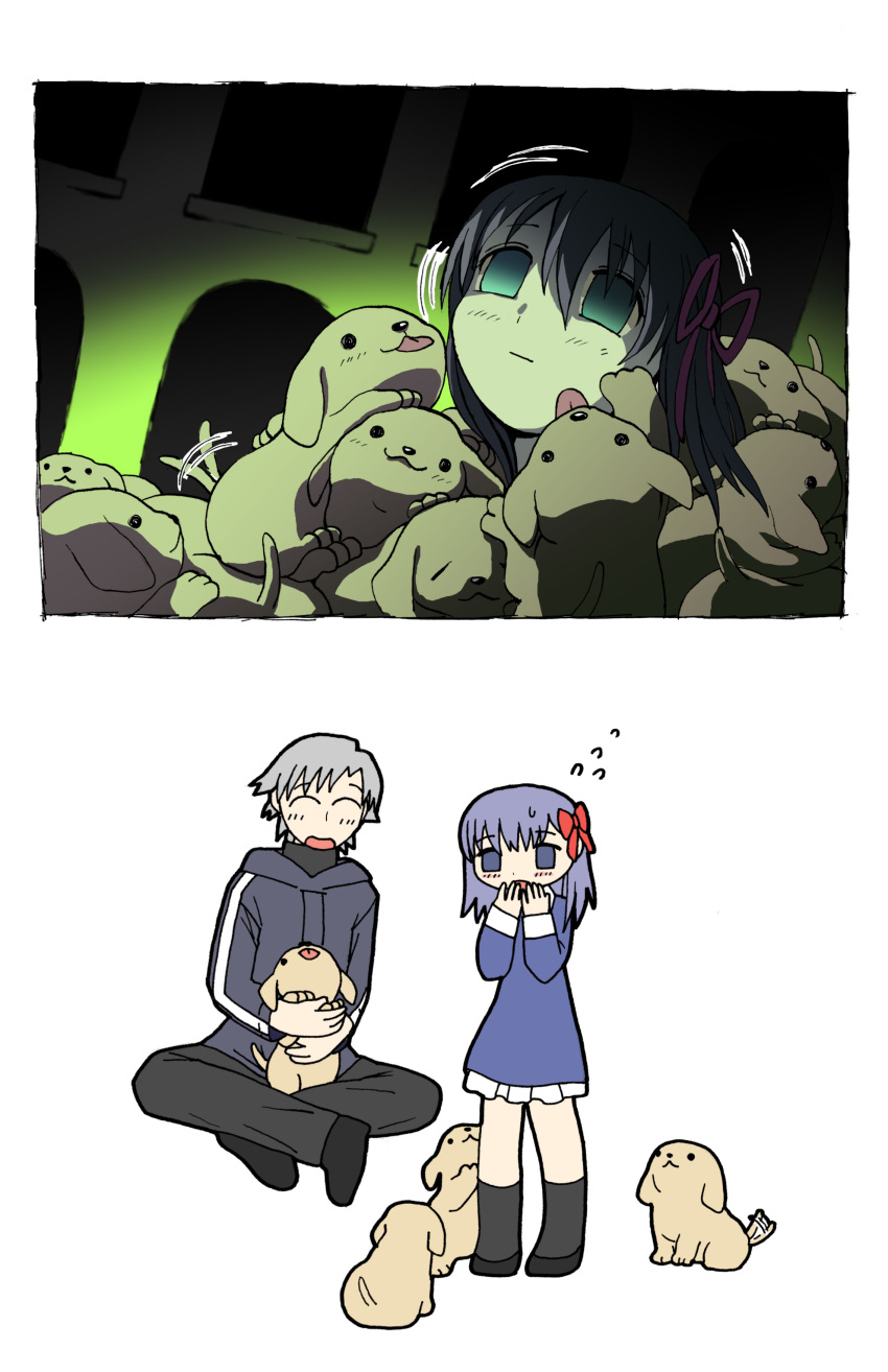 absurdres, animal, aqua_eyes, black_hair, child, closed_eyes, dog, dress, ebibeam, empty_eyes, expressionless, eyes_closed, fate/stay_night, fate/zero, fate_(series), grey_hair, hair_ribbon, highres, matou_kariya, matou_sakura, open_mouth, parody, puppy, purple_hair, ribbon, short_hair, smile, tail, tail_wagging, uncle_and_niece, young