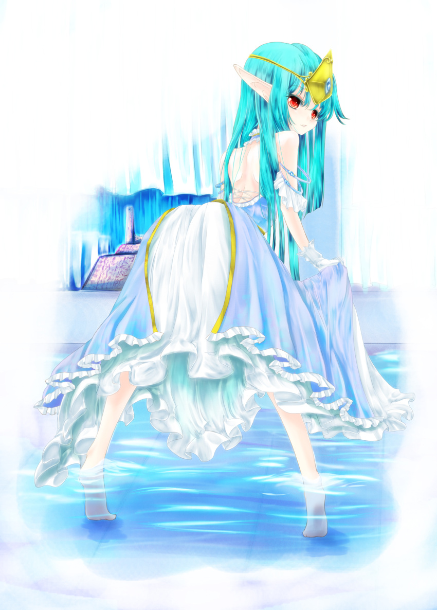 back, bare_shoulders, barefoot, bent_over, dress, feet, feet_in_water, gloves, green_hair, highres, hips, long_hair, looking_back, luca_(seiken_densetsu), pointy_ears, r0g0b0, red_eyes, seiken_densetsu, seiken_densetsu_2, soles, solo, tiara, tiptoes, very_long_hair, wading, water, wide_hips