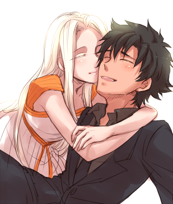 1girl, bad_id, black_hair, closed_eyes, couple, dress, emiya_kiritsugu, eyes_closed, facial_hair, fate/zero, fate_(series), hug, husband_and_wife, irisviel_von_einzbern, long_hair, michino, necktie, stubble, white_hair