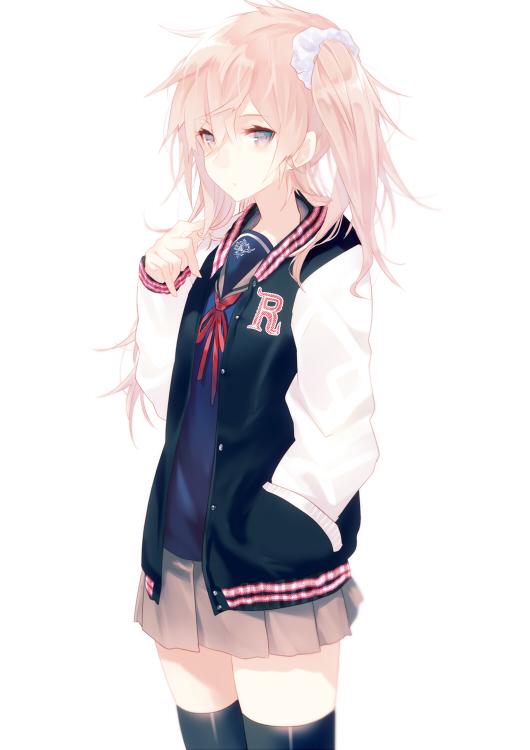 black_legwear, blonde_hair, blue_eyes, hand_in_pocket, jacket, long_hair, original, pink_eyes, pink_hair, playing_with_hair, school_uniform, shiranori, side_ponytail, simple_background, skirt, solo, thigh-highs, thighhighs, twintails, white_background