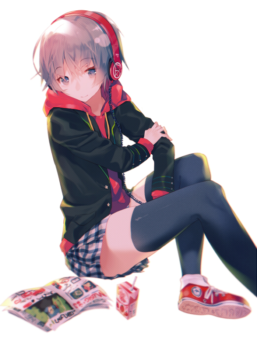 blue_eyes, brown_hair, headphones, holding_arm, hoodie, juice_box, original, shiranori