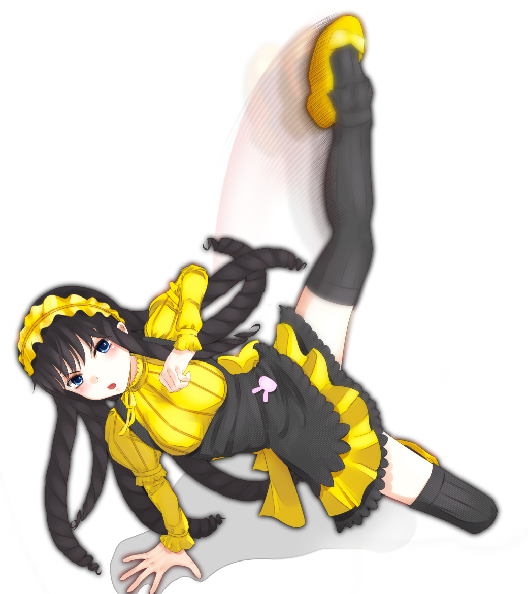black_hair, blue_eyes, kumokawa_maria, long_hair, maid, motion_blur, open_mouth, ringlets, shin_(highest1192), simple_background, skirt, solo, thigh-highs, thighhighs, tiara, to_aru_majutsu_no_index, to_aru_majutsu_no_index:_new_testament