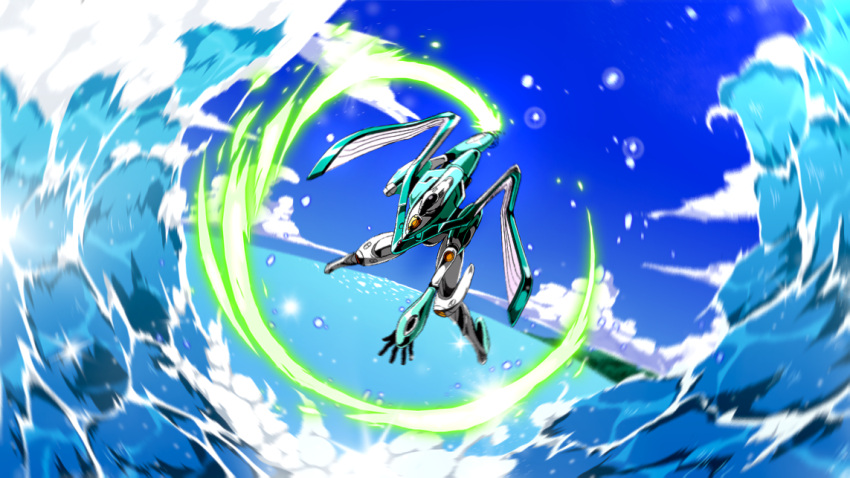 energy_sword, mecha, ocean, rinne_no_lagrange, sky, suiya, sword, vox_aura