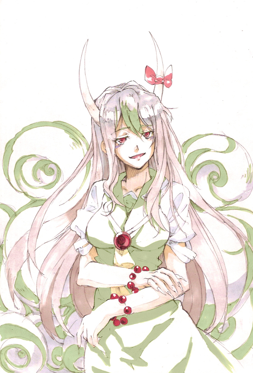 bracelet, dress, ex-keine, green_hair, highres, horn_ribbon, horns, jewelry