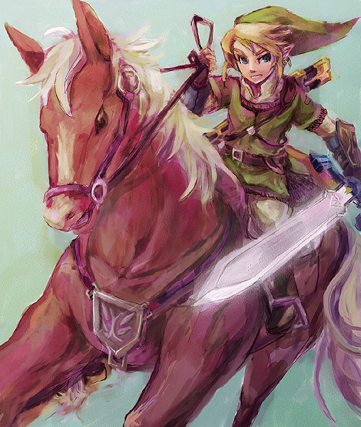 animal, belt, blonde_hair, blue_eyes, chainmail, epona, gauntlets, gloves, hat, horse, horseback, kiri_tampo, link, male, pants, pointy_ears, riding, running, sheath, sheathe, solo, straddle, sword, the_legend_of_zelda, twilight_princess, weapon