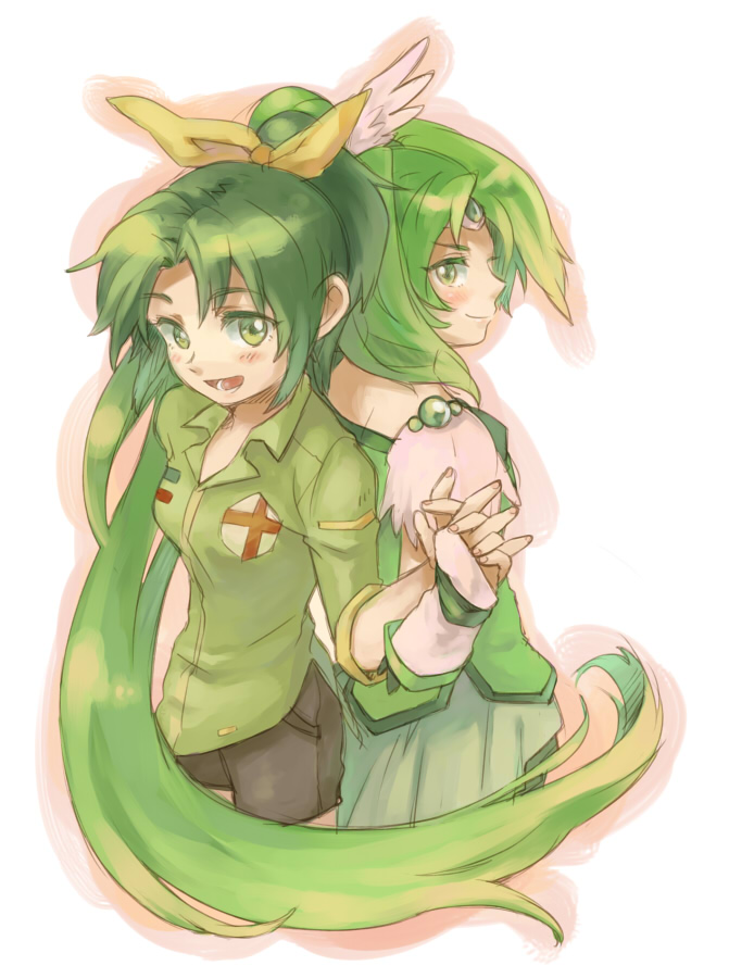 atsumu, back-to-back, choker, cure_march, dress, dual_persona, green, green_dress, green_eyes, green_hair, hair_ribbon, long_hair, magical_girl, midorikawa_nao, multiple_girls, ponytail, precure, ribbon, shirt, short_hair, shorts, skirt, smile, smile_precure!, tiara, tri_tails, very_long_hair, white_background