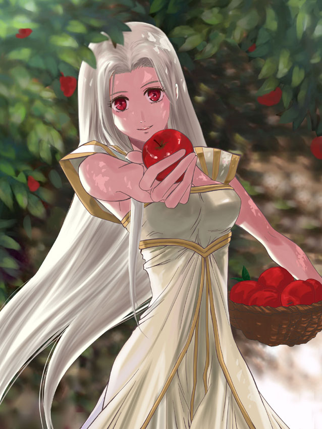 apple, bad_id, dress, fate/zero, fate_(series), food, fruit, irisviel_von_einzbern