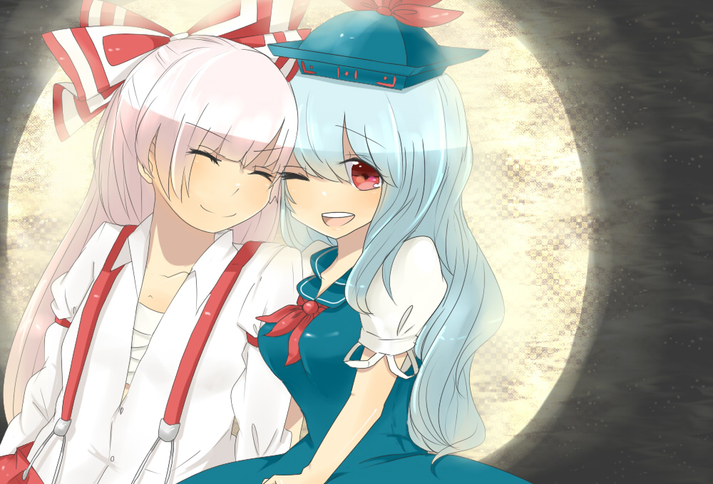 blue_hair, bow, closed_eyes, eyes_closed, friends, fujiwara_no_mokou, hair_bow, hat, kamishirasawa_keine, long_hair, long_sleeves, multiple_girls, no_nose, sarashi, short_sleeves, silver_hair, smile, suspenders, tohobiyori, touhou, wink