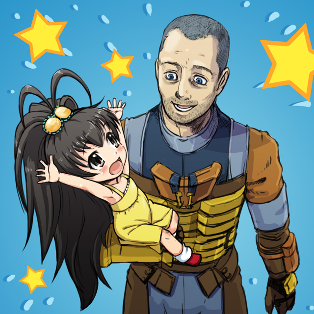 1girl, armpits, arms_up, black_eyes, black_hair, blue_eyes, blush, carrying, child, commentary, crossover, dead_space, facial_hair, isaac_clarke, kojamerii, long_hair, open_mouth, papa_no_iu_koto_wo_kikinasai!, papa_no_iukoto_wo_kikinasai!, ponytail, sitting_on_arm, smile, star, stubble, takanashi_hina