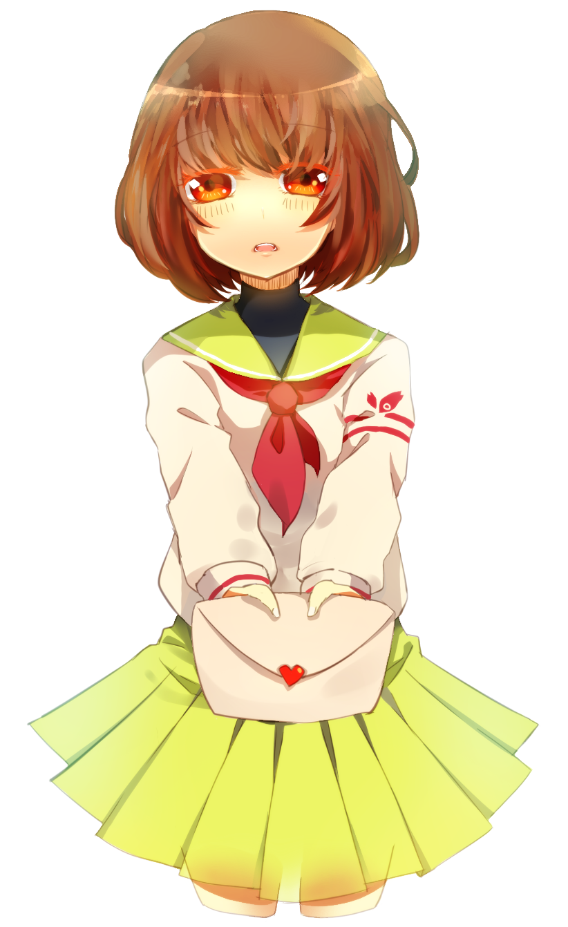 anthiea, bad_id, brown_eyes, brown_hair, heart, highres, holding, letter, love_letter, mawaru_penguindrum, oginome_ringo, school_uniform, simple_background, skirt, solo, white_background