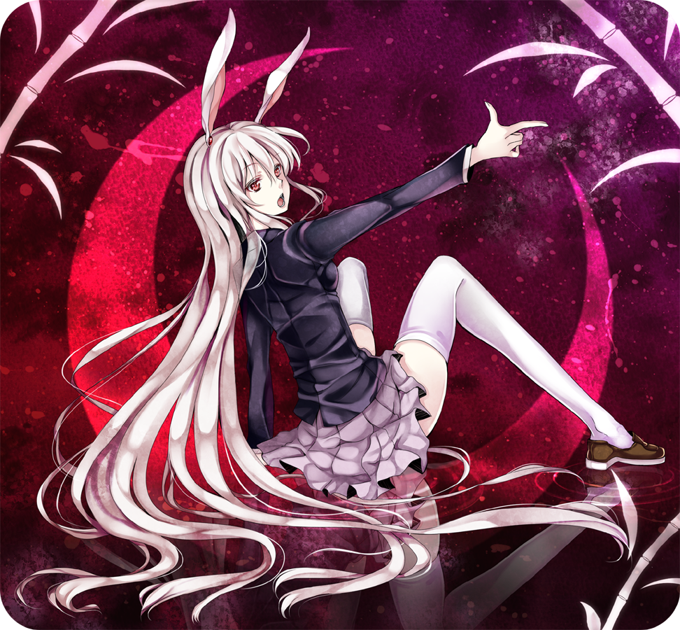 animal_ears, bunny_ears, crescent, finger_gun, hoozuki_shia, long_hair, long_legs, open_mouth, pink_hair, red_eyes, reisen_udongein_inaba, sitting, skindentation, skirt, solo, thighhighs, touhou, very_long_hair, white_legwear, zettai_ryouiki
