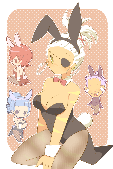3girls, ange_serena, animal_ears, bowtie, bunny_ears, bunny_tail, bunnysuit, chibi, detached_collar, eyepatch, fishnet_pantyhose, fishnets, hermana_larmo, iria_animi, long_hair, multiple_girls, pantyhose, ponytail, qq_selesneva, ramune_(ramu33), tail, tales_of_(series), tales_of_innocence, tales_of_innocence_r, white_hair, wrist_cuffs, yellow_eyes