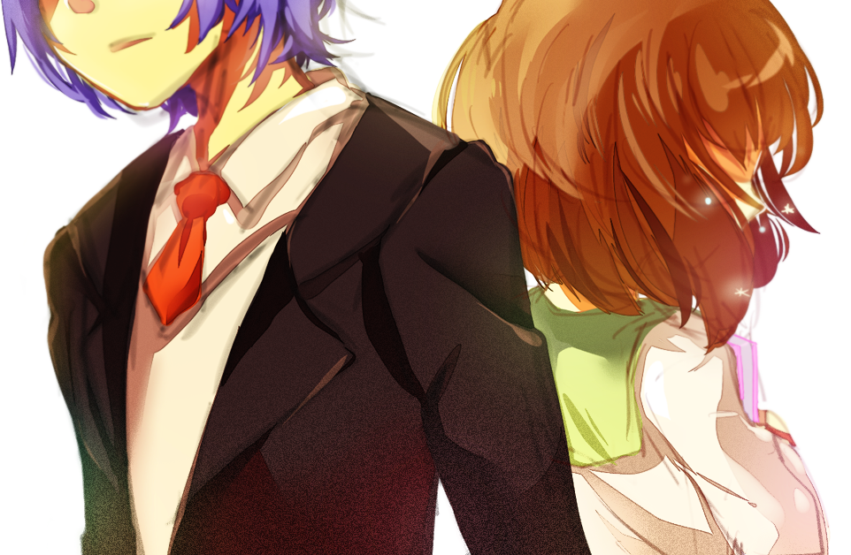 1girl, anthiea, bad_id, blue_hair, brown_hair, head_out_of_frame, mawaru_penguindrum, necktie, oginome_ringo, school_uniform, simple_background, white_background, yamashita_yousuke