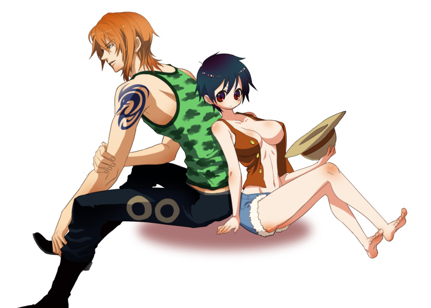 back_to_back, barefoot, black_hair, boots, breasts, error, feet, genderswap