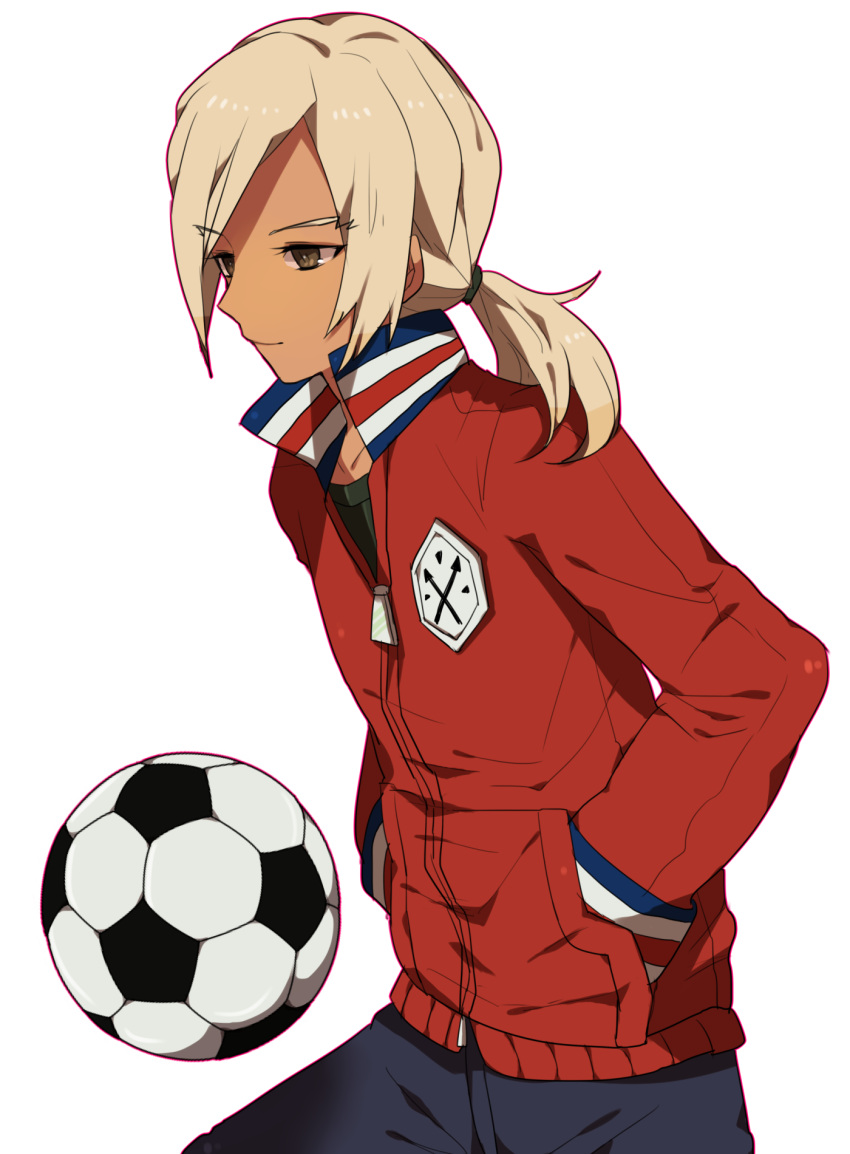 ball, blonde_hair, gouenji_shuuya, highres, inazuma_eleven, inazuma_eleven_(series), inazuma_eleven_go, jacket, koko_(pixiv56390), long_hair, male, ponytail, soccer_ball, solo