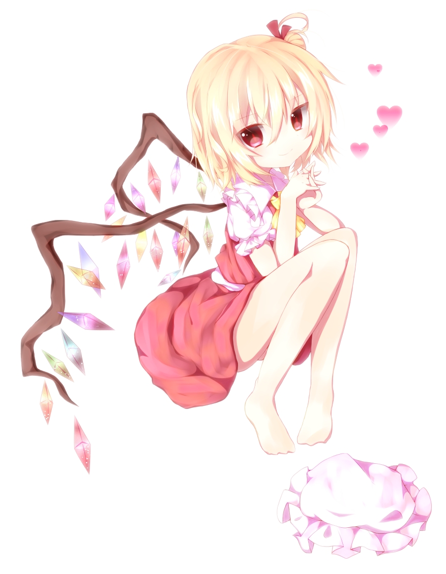 ascot, barefoot, blonde_hair, child, flandre_scarlet, hair_ribbon, hands_clasped, hat