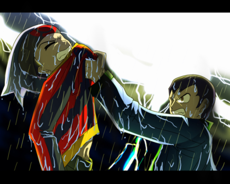 2boys, angry, black_hair, bom!, brown_eyes, closed_eyes, collar_grab, fangs