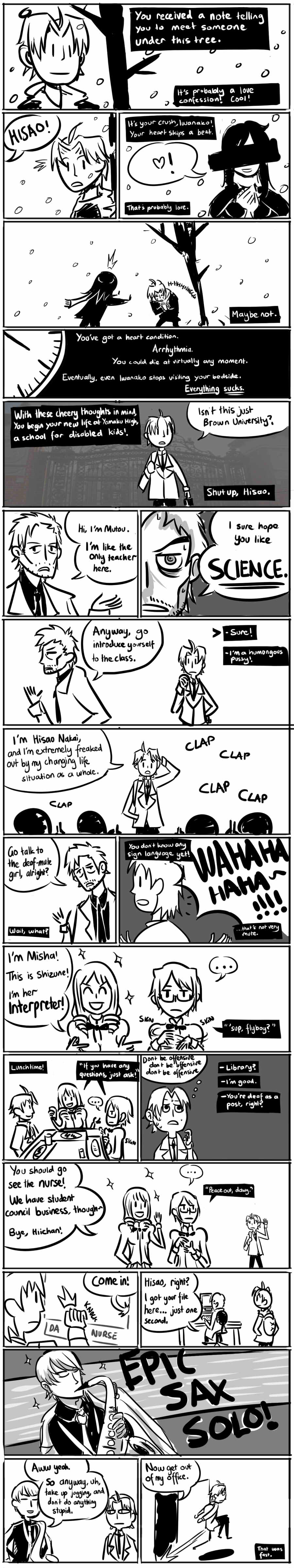 english, hakamichi_shizune, highres, instrument, jintor, katawa_shoujo, long_image, mikado_shiina, monochrome, mutou_akio, nakai_hisao, nurse_(katawa_shoujo), parody, saxophone, style_parody, tall_image
