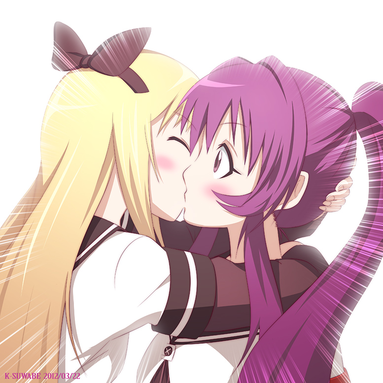 blonde_hair, blush, bow, closed_eyes, eyes_closed, hair_bow, hug, kei-suwabe