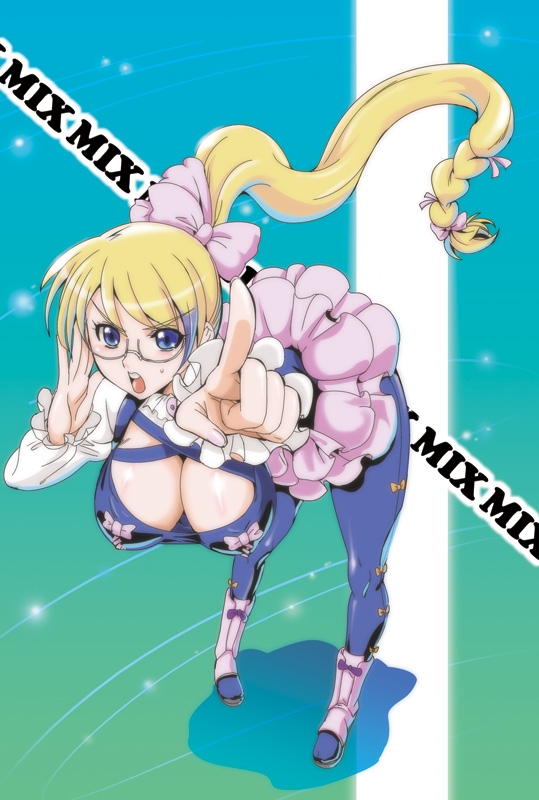 aquarion_evol, bent_over, blonde_hair, blue_eyes, breasts, character_request, dress, glasses
