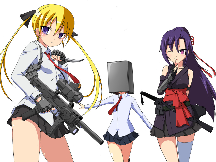 blonde_hair, blue_eyes, fingerless_gloves, gloves, goshiki_agiri, gun, hair_ribbon, katana