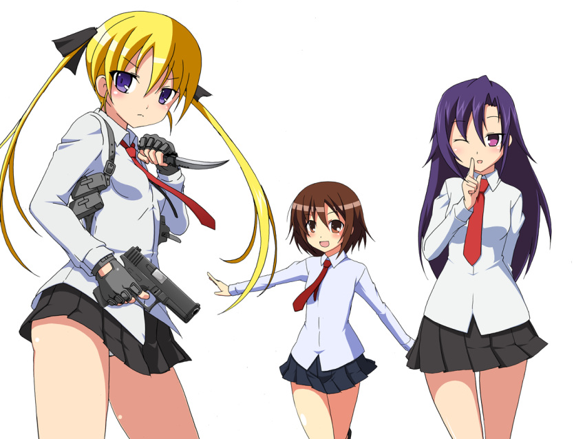 blonde_hair, blue_eyes, brown_eyes, brown_hair, fingerless_gloves, glock, gloves, goshiki_agiri, gun, hair_ribbon, handgun, kill_me_baby, knife, long_hair, multiple_girls, necktie, open_mouth, oribe_yasuna, purple_eyes, ribbon, school_uniform, short_hair, skirt, sonya_(kill_me_baby), uripon, violet_eyes, weapon