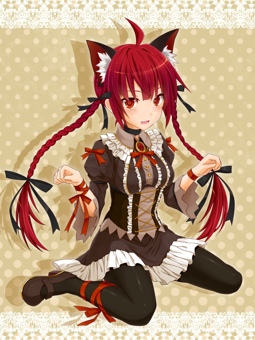 ahoge, alternate_costume, animal_ears, black_legwear, braid, cat_ears, colored, fang, highres, kaenbyou_rin, kikugetsu, leg_ribbon, long_hair, midnight_(artist), pantyhose, red_eyes, red_hair, redhead, ribbon, sitting, skirt, skirt_set, solo, touhou, twin_braids, wariza, wrist_ribbon