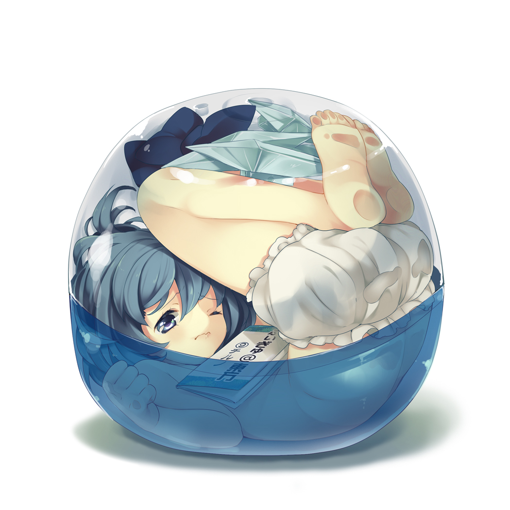 ⑨, ?, ass, bare_legs, bare_shoulders, barefoot, bloomers, blue_eyes