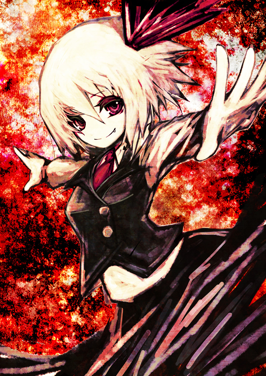 akasia, blonde_hair, bow, fang, hair_bow, highres, necktie, red_eyes