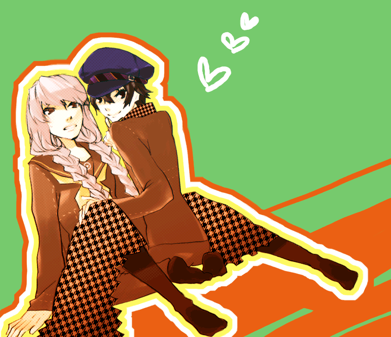 1girl, androgynous, ass, black_eyes, blue_hair, braid, cabbie_hat, couple, crossdressinging, footwear, grey_hair, hat, heart, jacket, long_hair, mgr_(kougetsu), narukami_yuu, pants, pantyhose, persona, persona_4, reverse_trap, school_uniform, serafuku, shirogane_naoto, short_hair, sitting, skirt, smile, socks, tomboy, trap, twintails, wig