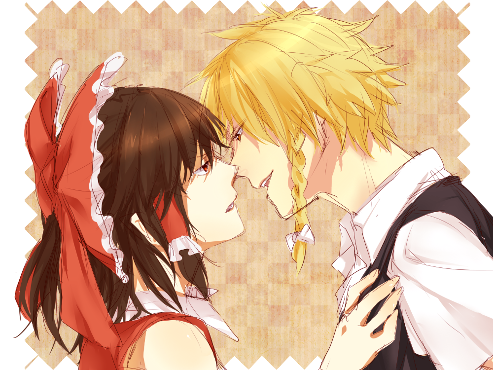 1girl, ankoseed, blonde_hair, bow, braid, brown_hair, couple, genderswap, hair_bow, hair_tubes, hakurei_reimu, incipient_kiss, incoming_kiss, kirisame_marisa, touhou