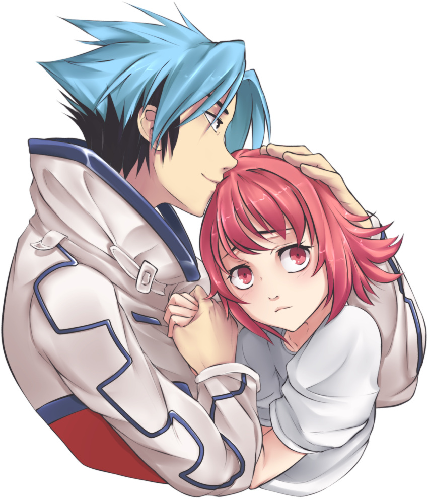 1girl, bloch, blue_eyes, blue_hair, character_request, couple, hand_holding, hand_on_head