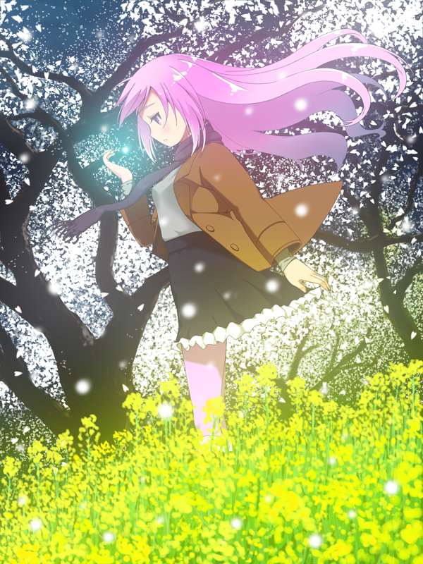 aoten, flower, jacket, kneehighs, long_hair, looking_down, nature, original