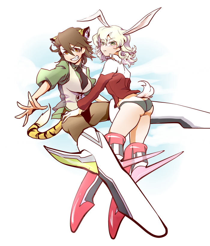 adapted_costume, animal_ears, ass, barnaby_brooks_jr, blonde_hair, brown_eyes, brown_hair, bunny_ears