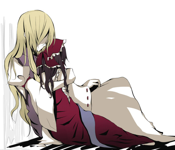 blonde_hair, bow, death, detached_sleeves, hair_bow, hakurei_reimu, hug, long_hair