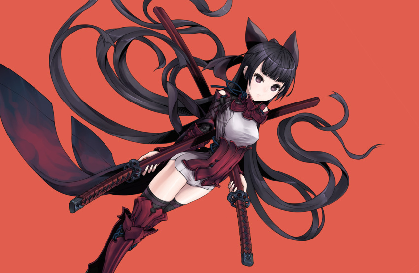 black_hair, black_legwear, copyright_request, dual_wielding, dutch_angle, hair_ribbon, katana, kazuoki