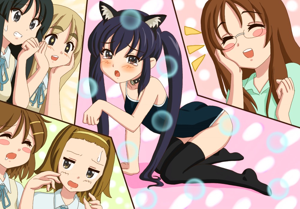 akiyama_mio, animal_ears, black_legwear, blush, blush_stickers, brown_hair, cat_ears, chunpai