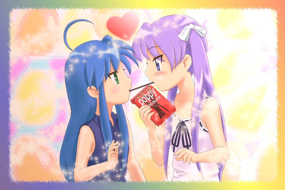 ahoge, blue_hair, blush, border, brand_name_imitation, chunpai, eye_contact, flat_chest