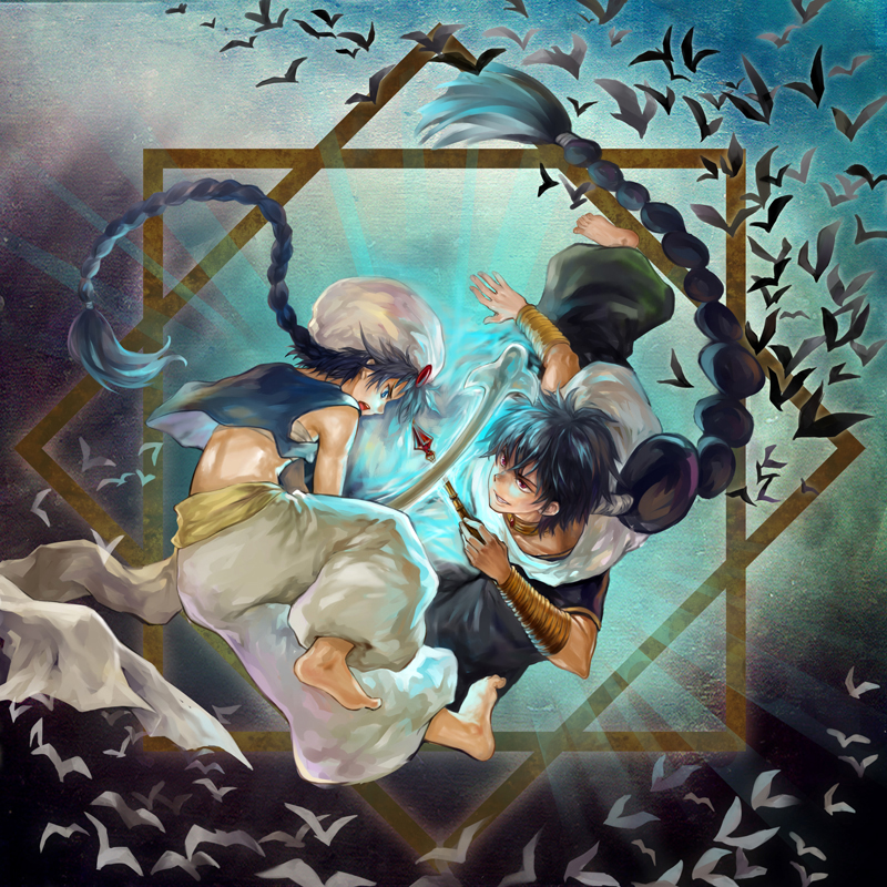 aladdin_(magi), baggy_pants, barefoot, bat, bird, black_hair, blue_eyes, blue_hair