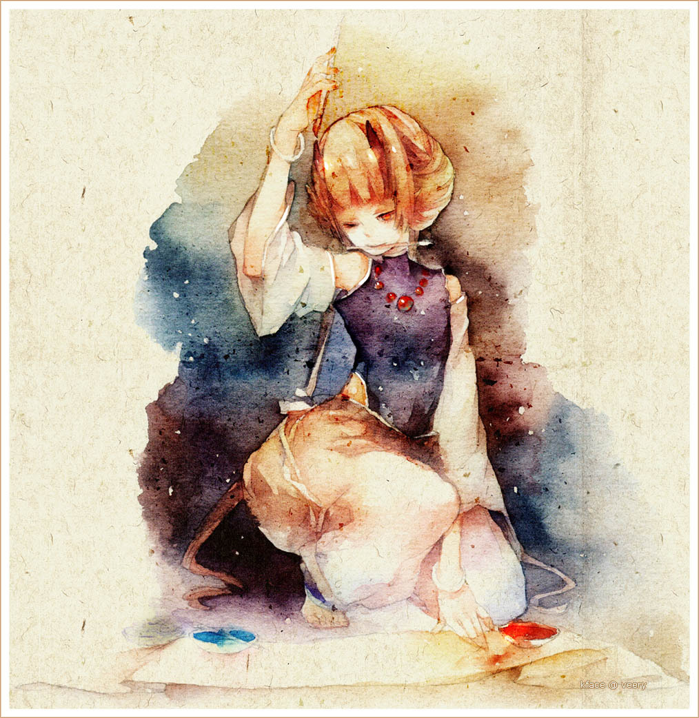 beads, blue_paint, brush, jewelry, kface, male, necklace, original, paint, painting, red_paint, scroll, solo, traditional_media, watercolor_(medium), wink