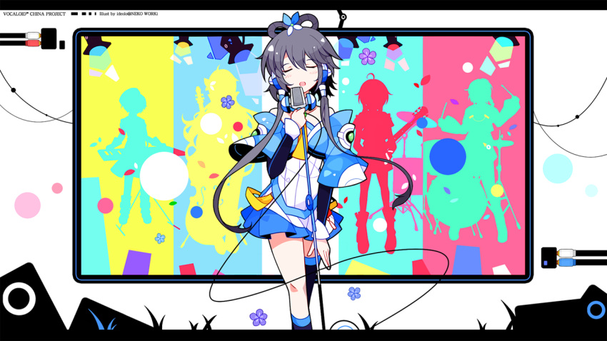 band, black_hair, black_legwear, blush, closed_eyes, drum, drum_set, eyes_closed