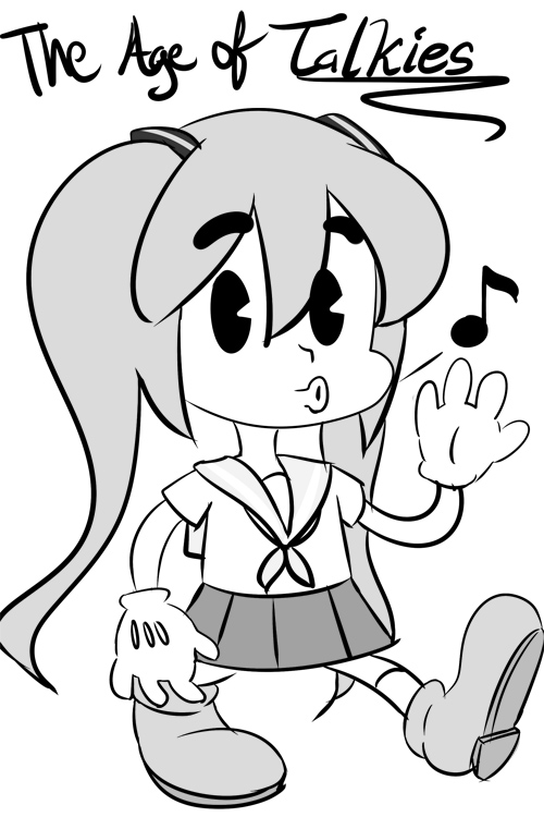 1girl, 30s, crypton_future_media, disney, disney_(style), gloves, hatsune_miku, long_hair, magister_(bigbakunyuu), monochrome, musical_note, oldschool, pac-man_eyes, parody, pie-pupils, school_uniform, serafuku, skirt, solo, style_parody, twintails, ub_iwerks_(style), vocaloid, whistling, yamaha_(company)