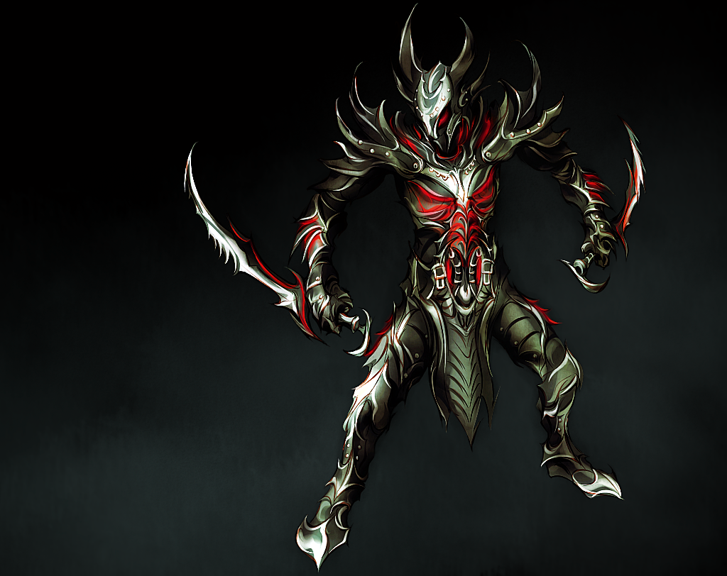 byneet, daedra, demon, dual_wielding, full_armor, helmet, horns, red_eyes