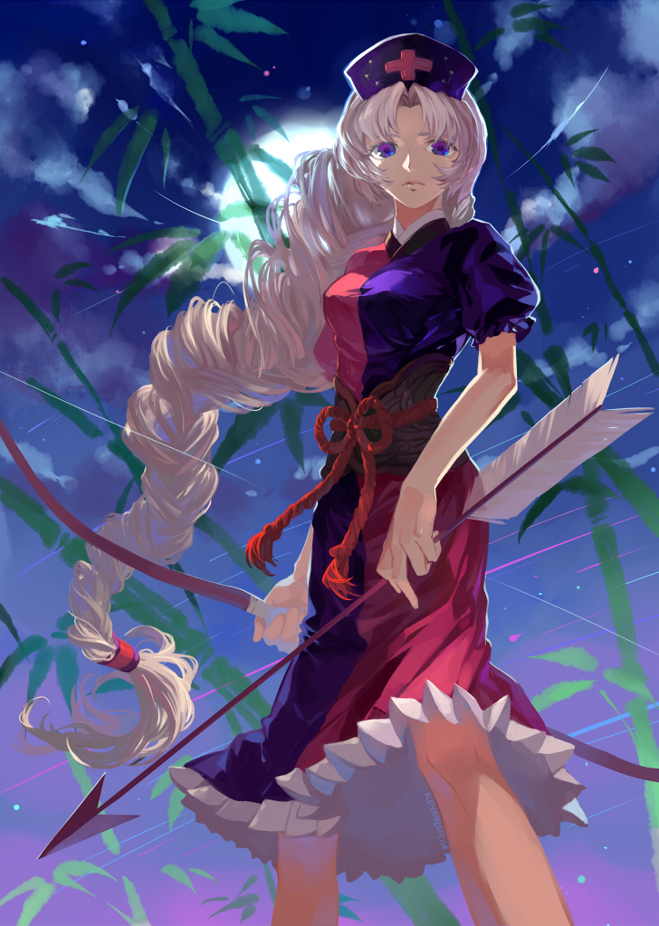 arrow, bamboo, blue_eyes, bow_(weapon), braid, cloud, dress, hat