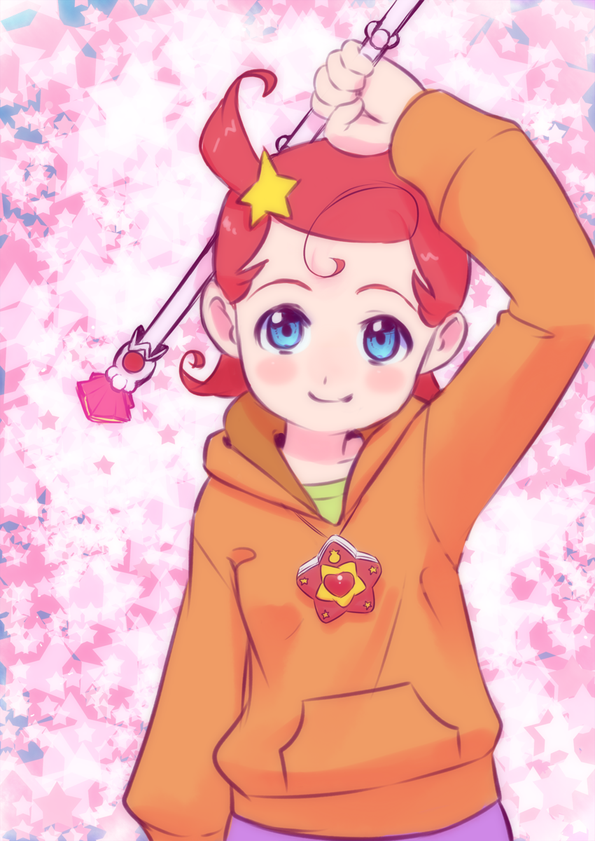 ahoge, arm_up, blue_eyes, blush_stickers, brooch, cojibou, comet_(comet-san), cosmic_baton_girl_comet-san