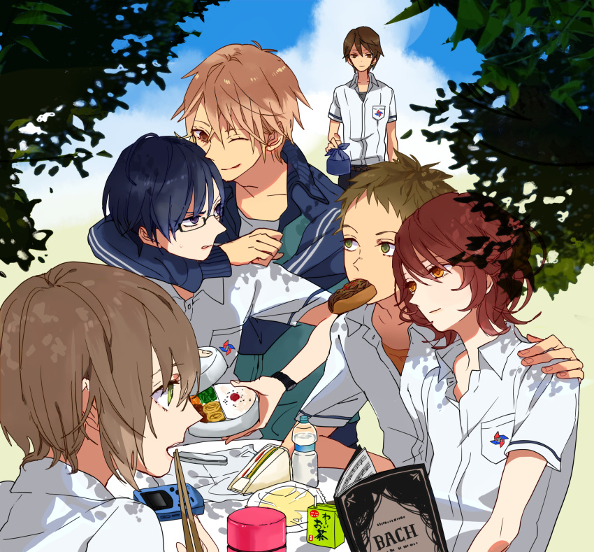 another, black_hair, book, brown_hair, chopsticks, food, glasses, highres