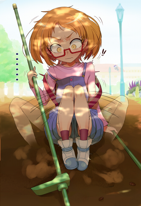 11_(dekopon3rd), 1girl, after_image, blush, closed_legs, embarrassed, glasses, motion_blur