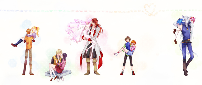 5girls, amai_shirou, bad_id, blonde_hair, blush, brown_hair, carrying, cheek_kiss
