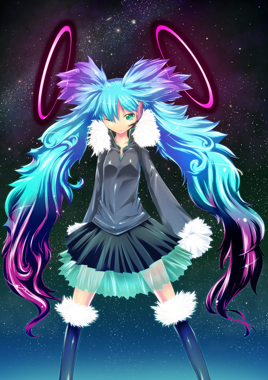 aqua_eyes, aqua_hair, fur_trim, gradient_hair, hatsune_miku, highres, long_hair, multicolored_hair
