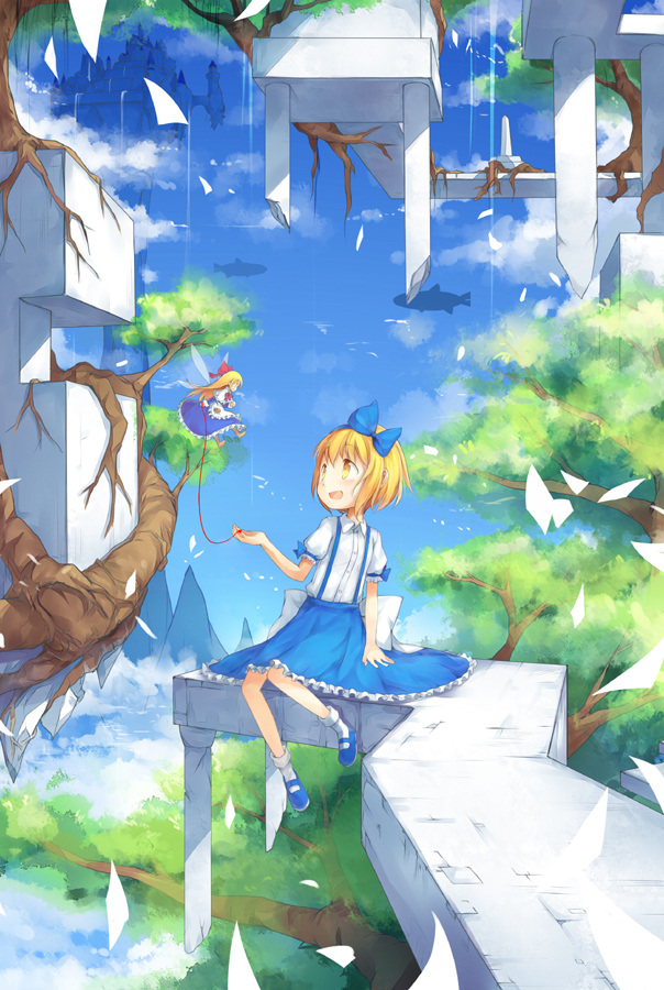alice_margatroid, alice_margatroid_(pc-98), blonde_hair, blue_sky, bow, castle, cloud, fantasy
